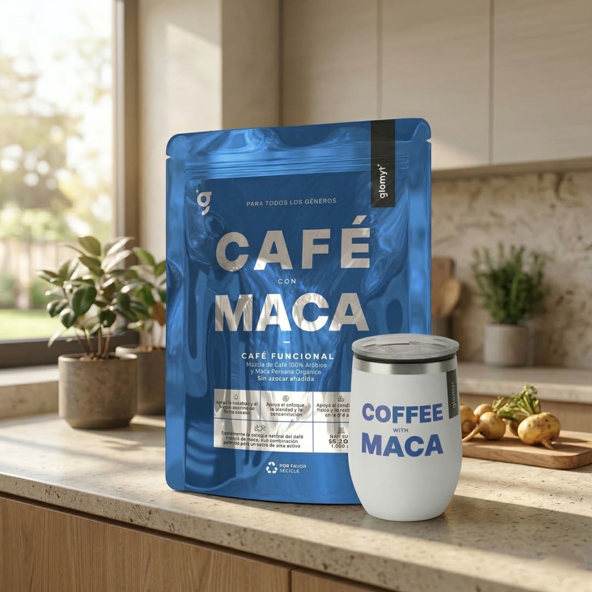 Café con Maca 1000 g + Termo Acero Inoxidable Edición Especial Azul
