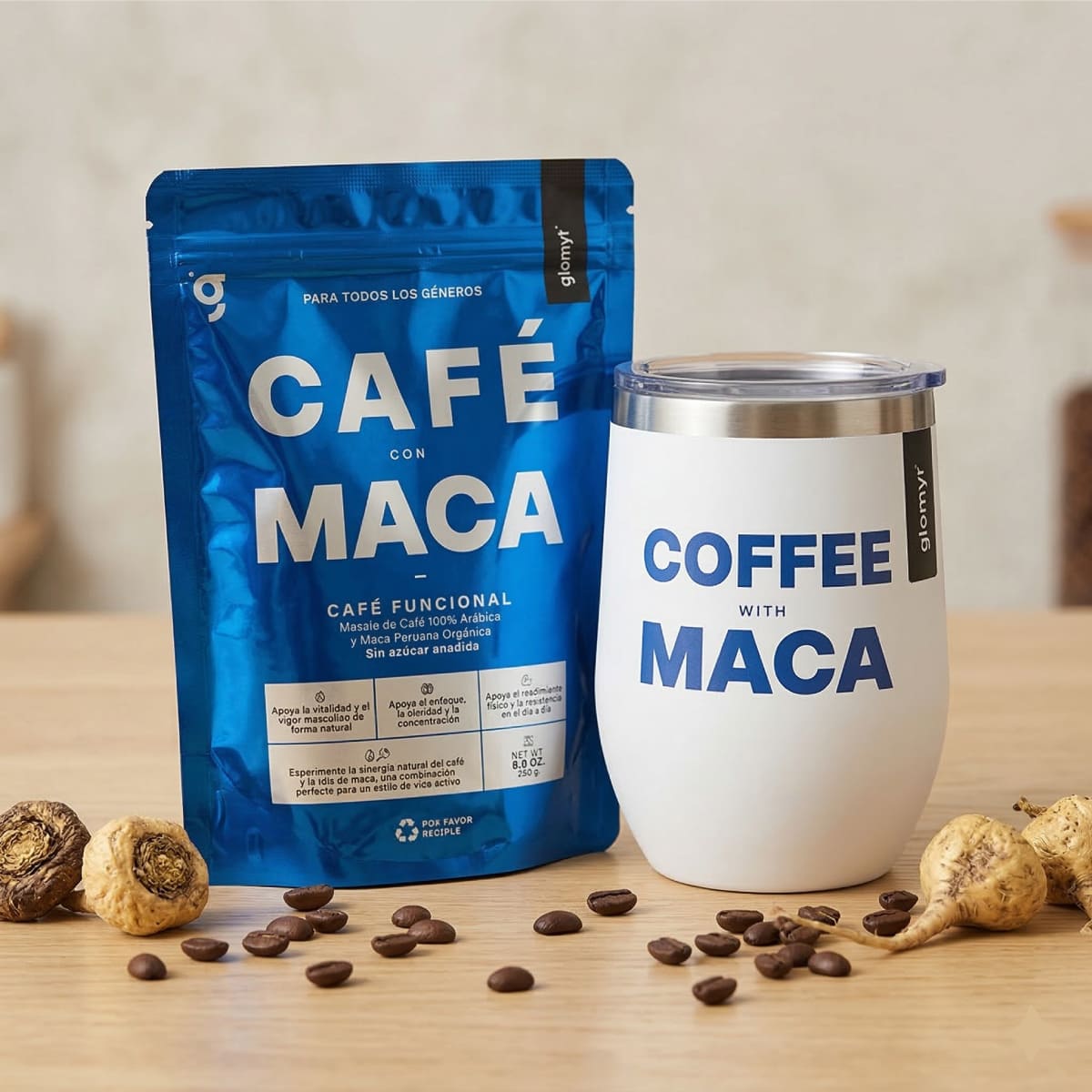 Café con Maca 250 g + Termo Acero Inoxidable Edición Especial Azul
