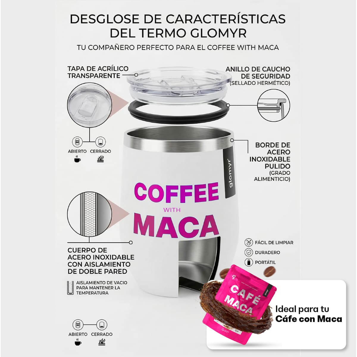 Café con Maca 250 g + Termo Acero Inoxidable Edición Especial Rosa