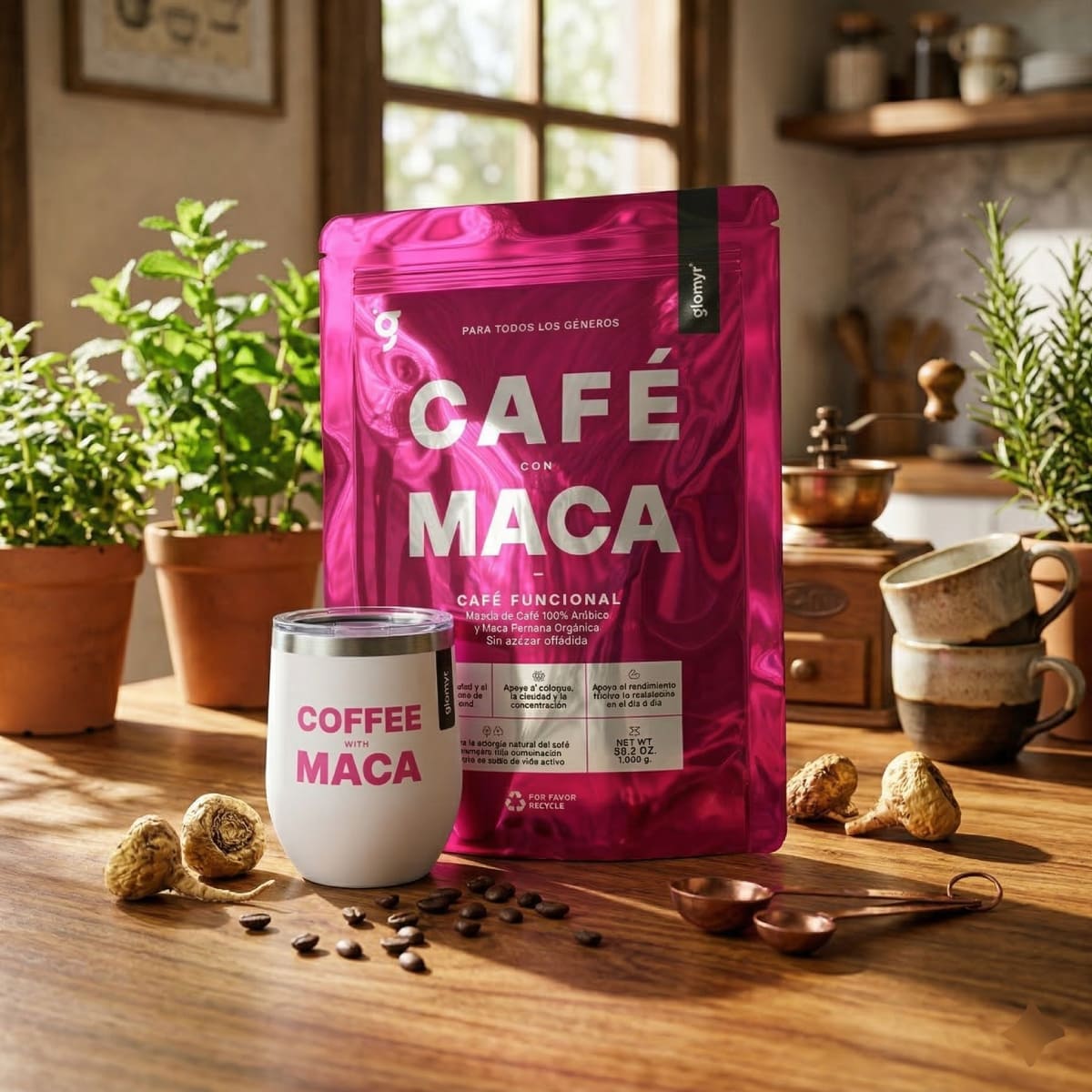 Café con Maca 1000 g + Termo Acero Inoxidable Edición Especial Rosa